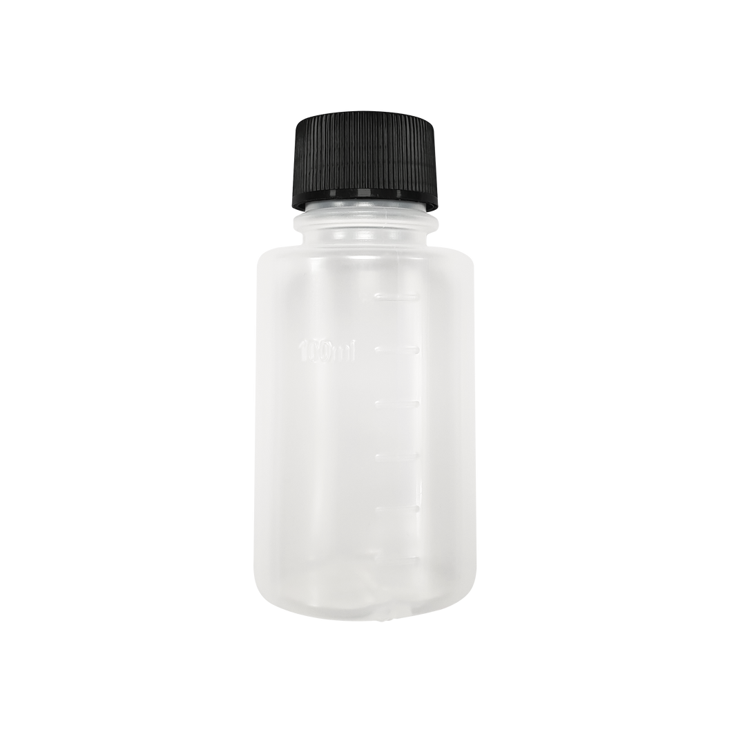 125ml PP (Polypropylene) bottle, round, Nitric Acid dosed, black cap