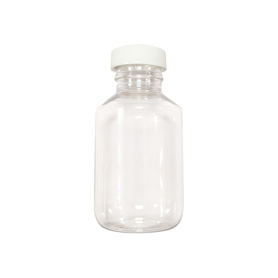 100ml Round sterile bottle, irradiated and dosed with Sodium Thiosulphate and white cap