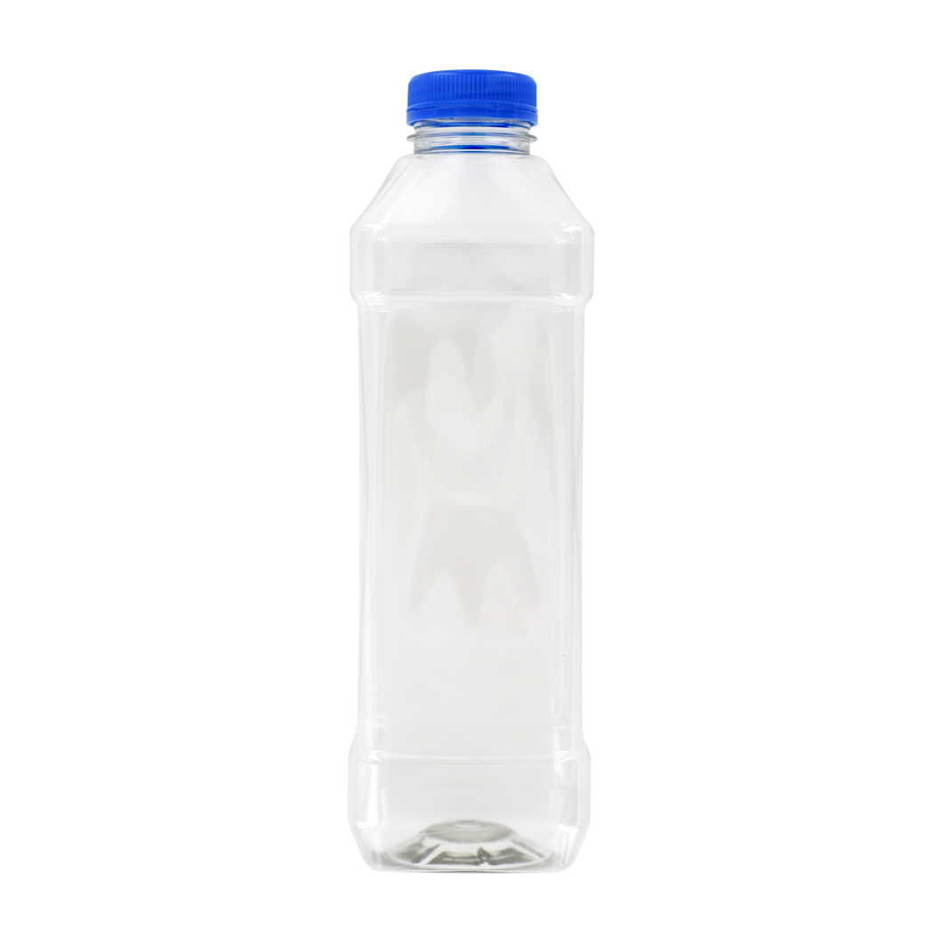 1000ml Square sterile bottle dosed with Sodium Thiosulphate and blue cap